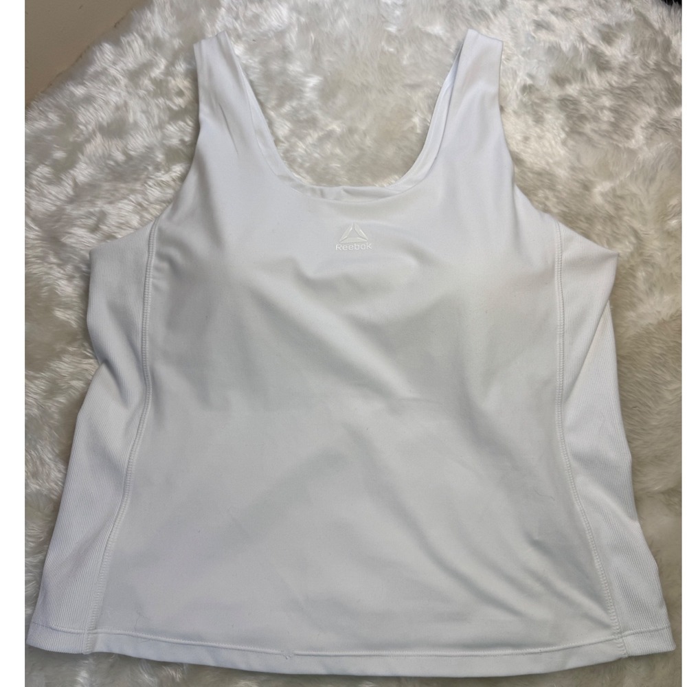 Reebok Womens White Athletic Tank Top Built In Shelf Bra Ribbed Sides XL‎